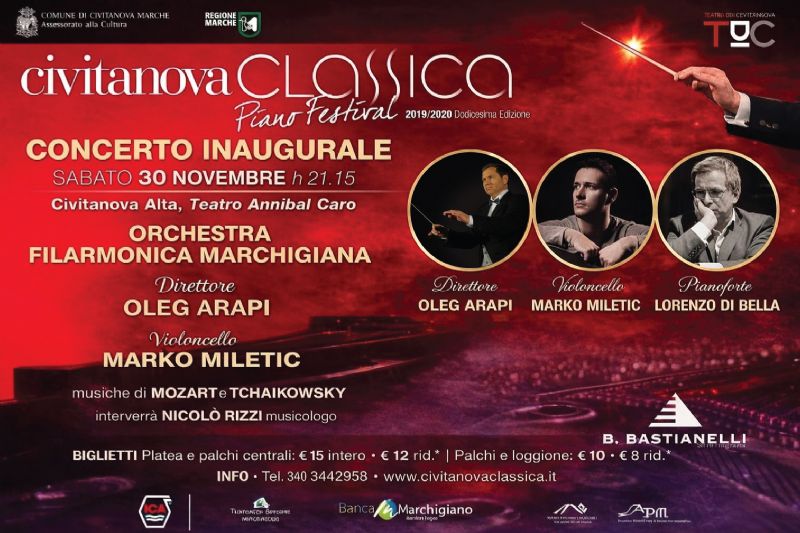 Maestro Oleg Arapi, Koncert Inaugurues me 30 Nëntor 2019, Teatro Annibal Caro, Civitanova Alta, Itali Civitanova Classica Piano Festival, Orkestra Filarmonica Marchigiana, Mozart, Tchaikovsky, Marko Miletic, Lorenzo Di Bella, Rococo Variations